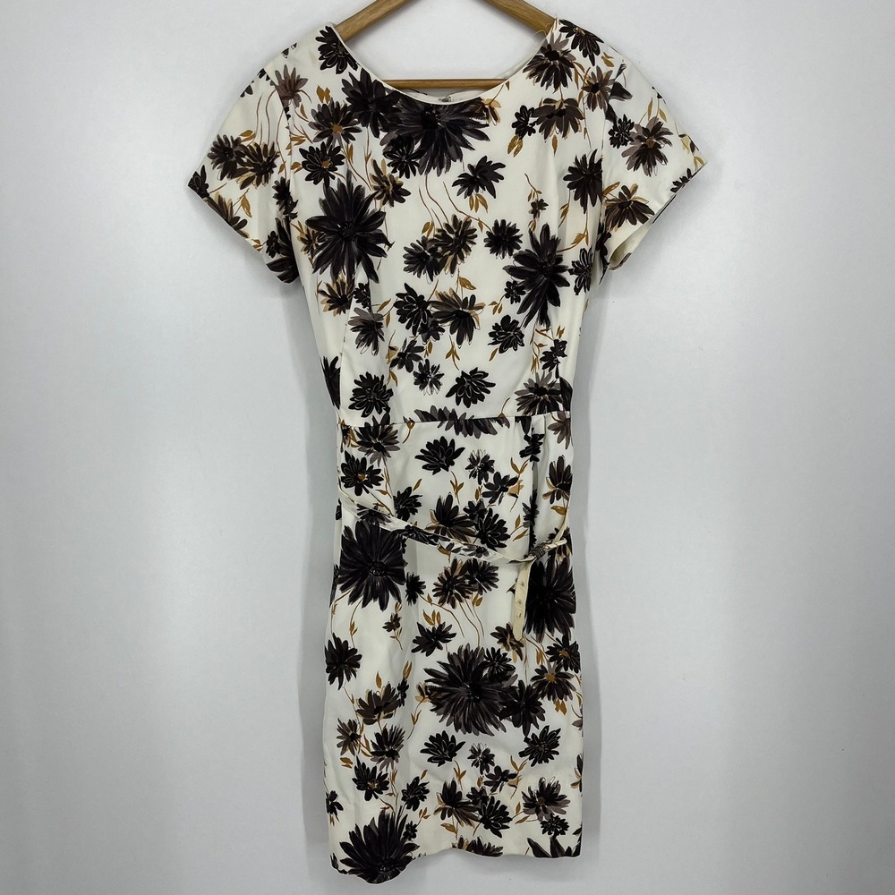 Vintage Sears Fashions Floral Sheath Dress Brown White Belt Short Sleeve Size M